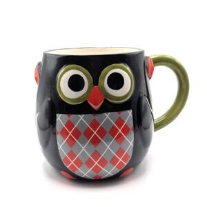 HARRY & DAVID Owl Mug Black Argyle Plaid Ceramic Coffee Cup 2015 Large READ